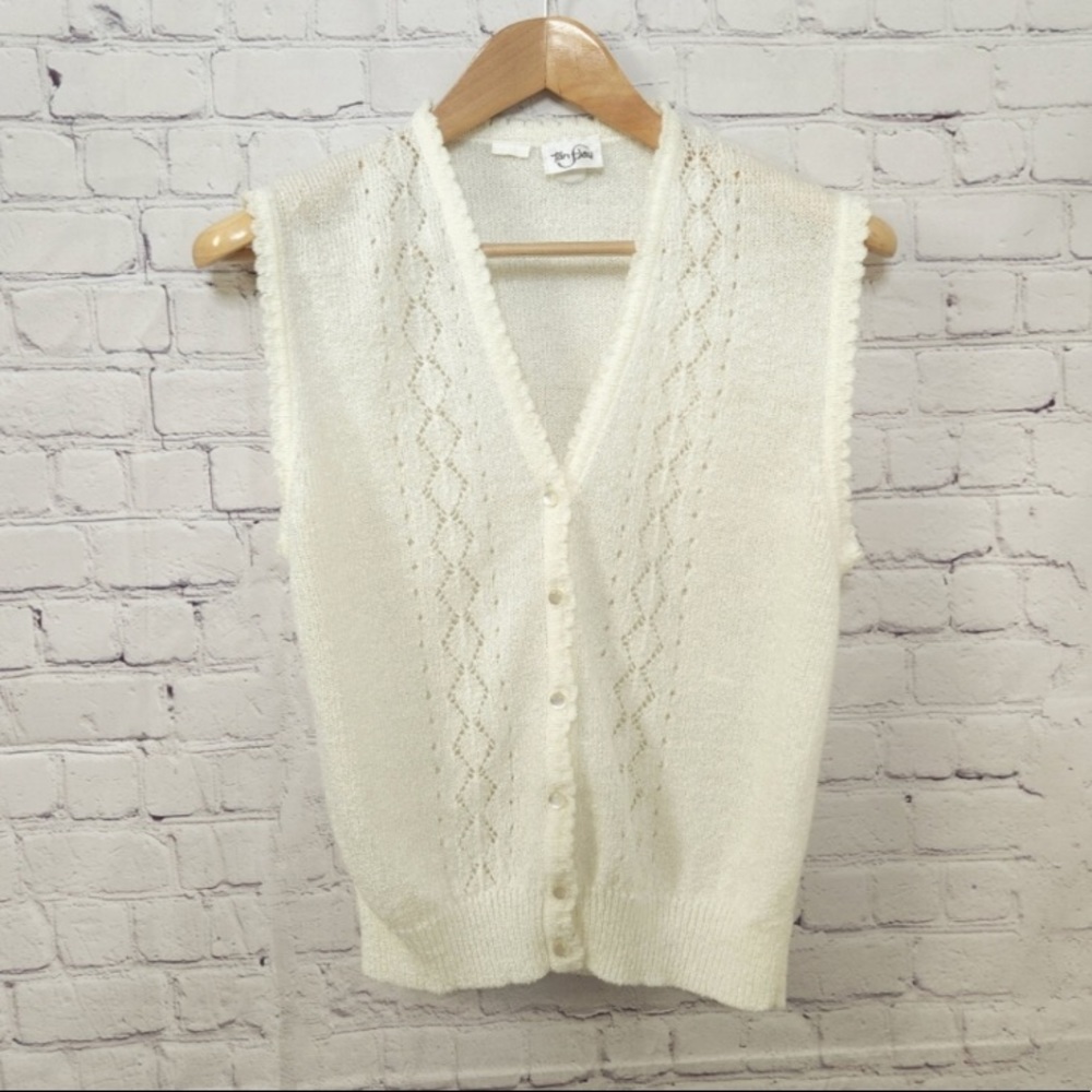 Vintage Cream Pointelle Button Sweater Vest Cottagecore Preppy Light Academia